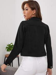 SHEIN Essnce 紐扣翻蓋口袋卡車司機牛仔夾克 - 黑色 - 查看 2