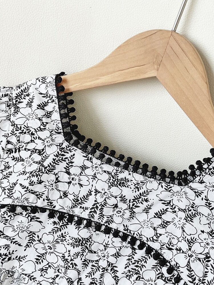 Abito smock floreale con manica a sbuffo - Bianco e nero - Visualizzare 5