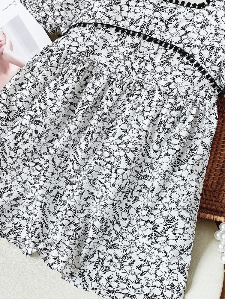 Abito smock floreale con manica a sbuffo - Bianco e nero - Visualizzare 6