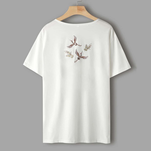 

Men Crane And Floral Embroidery Tee, White