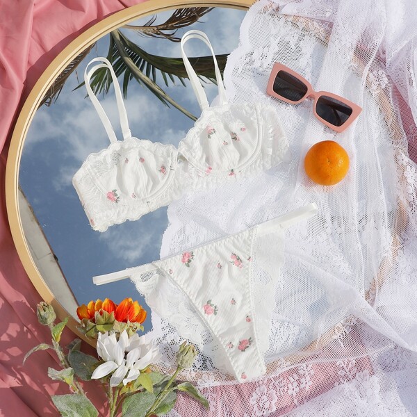 

Floral Print Contrast Lace Push Up Lingerie Set, White