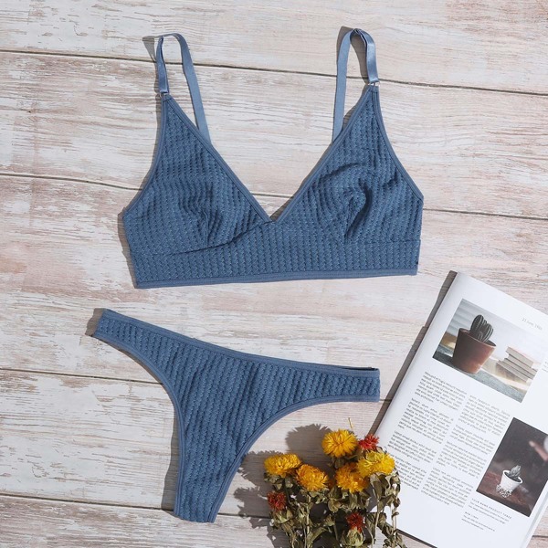 

Solid Textured Lingerie Set, Blue