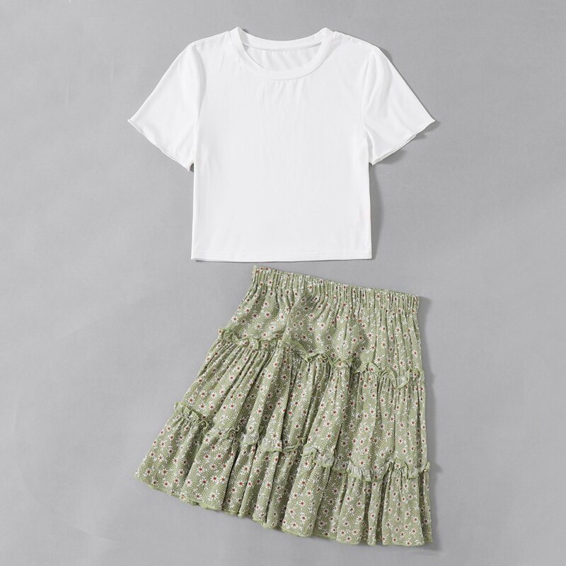 

Solid Tee & Ditsy Floral Frill Skirt, Multicolor