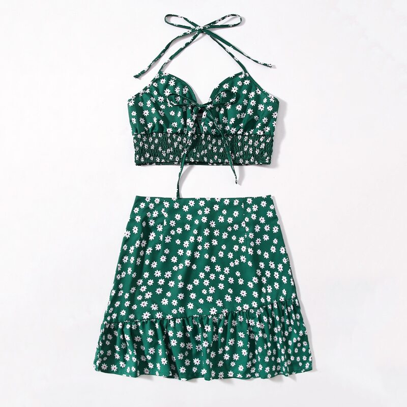 

Ditsy Floral Shirred Halter Top & Skirt, Dark green