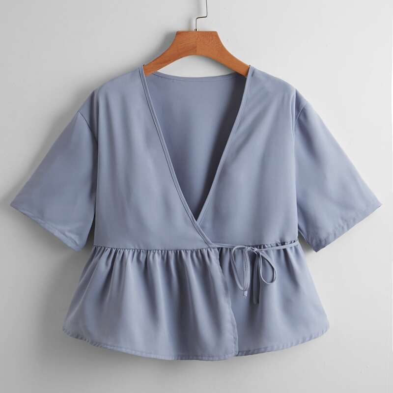 

Solid Wrap Peplum Blouse, Dusty blue