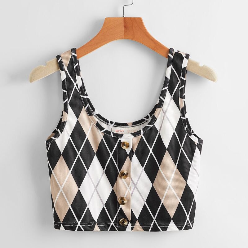 

Argyle Pattern Button Front Tank Top, Multicolor