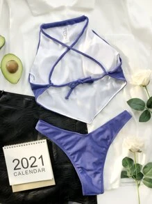 Rib Hanky Hem High Cut Bikini Set, For Summer Beach Vacation - Dusty Blue - View 2