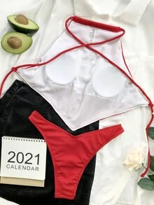 Rib Hanky Hem High Cut Bikini Set, For Summer Beach Vacation - Red - View 2