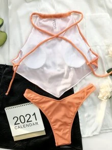 Rib Hanky Hem High Cut Bikini, For Summer Beach Vacation - Orange - View 2
