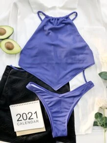 Rib Hanky Hem High Cut Bikini Set, For Summer Beach Vacation - Dusty Blue - View 4