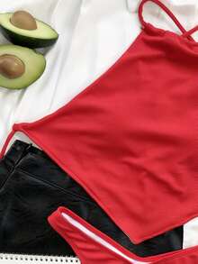 Rib Hanky Hem High Cut Bikini Set, For Summer Beach Vacation - Red - View 3