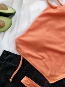Rib Hanky Hem High Cut Bikini, For Summer Beach Vacation - Orange - View 4