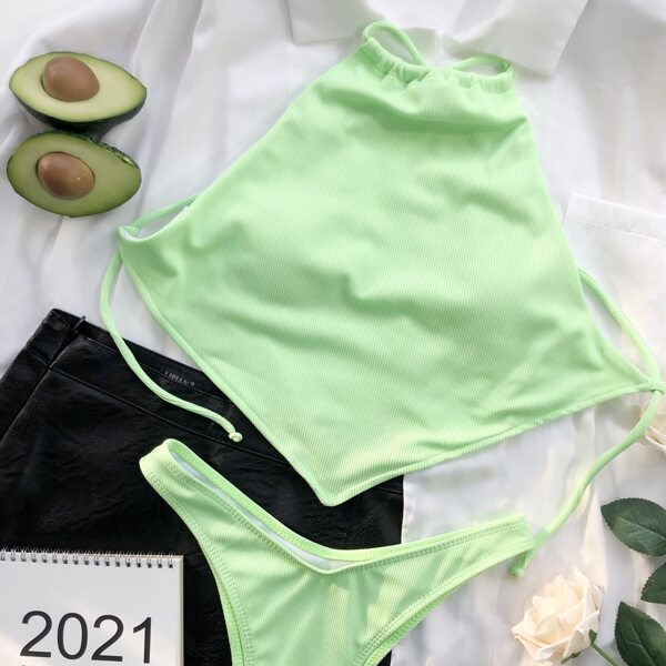 

Rib Hanky Hem High Cut Bikini Swimsuit, Mint green