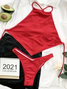 Rib Hanky Hem High Cut Bikini Set, For Summer Beach Vacation - Red - View 5