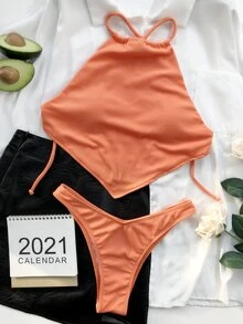 Rib Hanky Hem High Cut Bikini, For Summer Beach Vacation - Orange - View 5