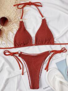 Conjunto de bikini con triángulos texturizados y anudados a los lados, ideal para el verano y las vacaciones en la playa - Óxido marrón - Ver 3