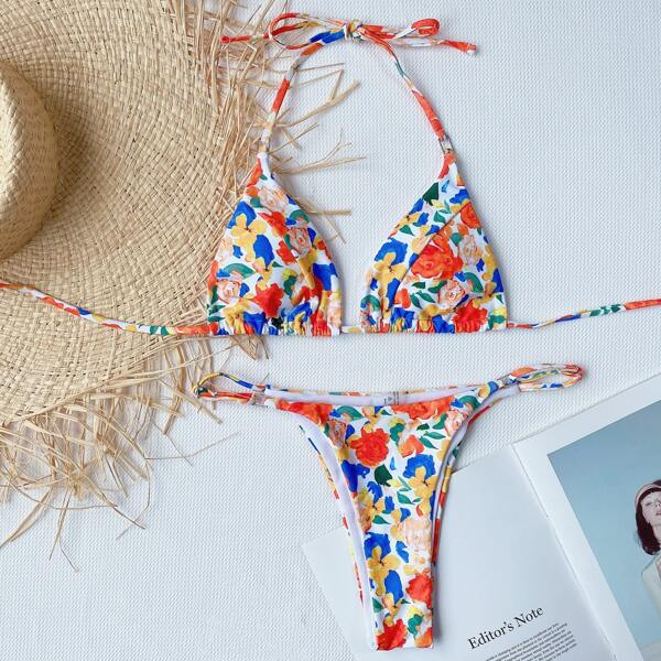 

Floral Print Halter Bikini Swimsuit, Multicolor