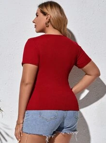 Plus Solid Ribbed Wrap Top - Burgundy - View 2