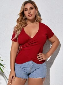 Plus Solid Ribbed Wrap Top - Burgundy - View 3