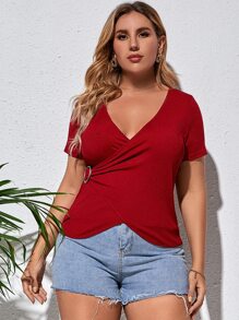 Plus Solid Ribbed Wrap Top - Burgundy - View 4