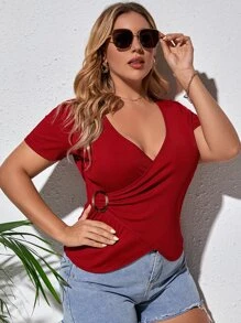 Plus Solid Ribbed Wrap Top - Burgundy - View 5