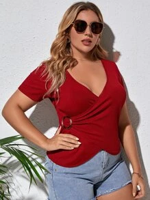 Plus Solid Ribbed Wrap Top - Burgundy - View 6