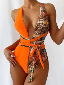 SHEIN Swim Zomer strand contrast slangenprint knoop voorkant decolleté badpak uit één stuk, badpak