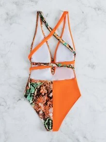 SHEIN Swim Zomer strand contrast slangenprint knoop voorkant decolleté badpak uit één stuk, badpak