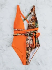 SHEIN Swim Zomer strand contrast slangenprint knoop voorkant decolleté badpak uit één stuk, badpak