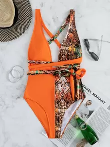 SHEIN Swim Zomer strand contrast slangenprint knoop voorkant decolleté badpak uit één stuk, badpak