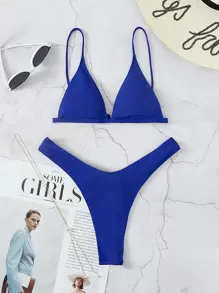 SHEIN Swim Bikini de corte alto con triángulo acanalado para playa de verano - azul real - Ver 1