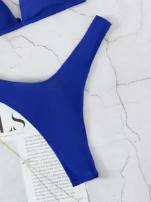 SHEIN Swim Bikini de corte alto con triángulo acanalado para playa de verano - azul real - Ver 3