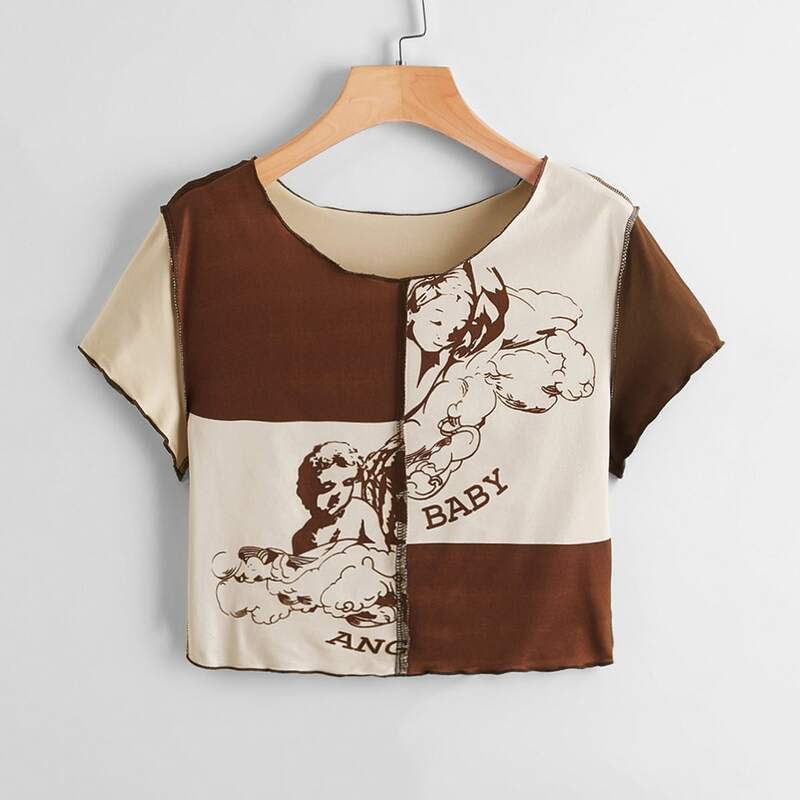 

Stitching Trim Colorblock Angel Graphic Tee, Multicolor