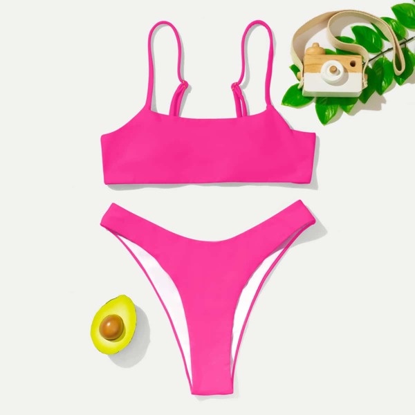 

Solid High Cut Bikini Swimsuit, Pink