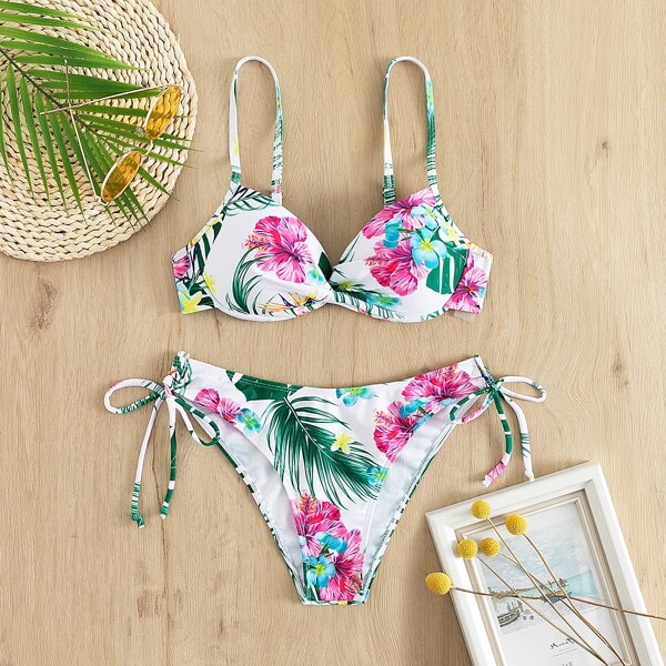 

Floral Twist Push Up Tie Side Bikini Swimsuit, Multicolor