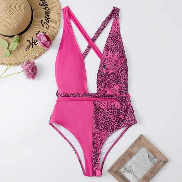 

Leopard Knot Plunging One Piece Swimsuit, Hot pink