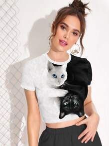 INAWLY Cat Print Crop Tee - Black and White - View 1