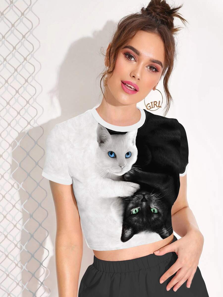 INAWLY Cat Print Crop Tee - Black and White - View 1