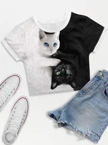 INAWLY Cat Print Crop Tee - Black and White - View 3
