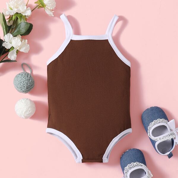 

Baby Unisex Contrast Binding Rib-knit Cami Bodysuit, Coffee brown