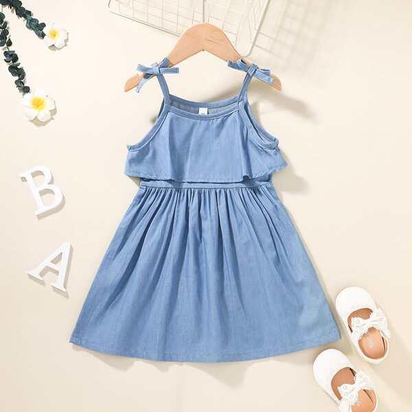 

Toddler Girls Knot Ruffle Trim Denim Cami Dress, Medium wash