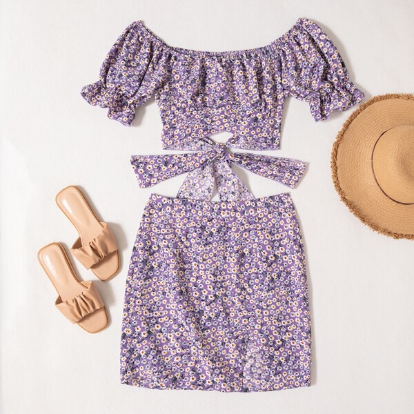 

Ditsy Floral Tie Back Top & Skirt, Lilac purple