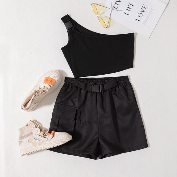 

One Shoulder Top & Flap Pocket Buckle Shorts, Black