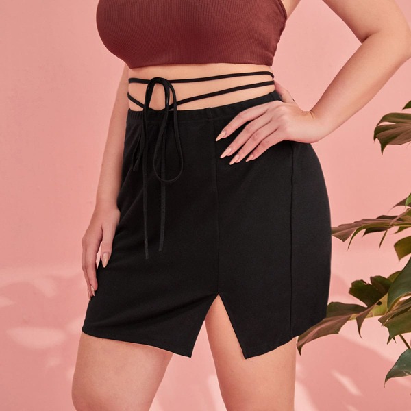 

Plus Lace Up Tie Front Skirt, Black