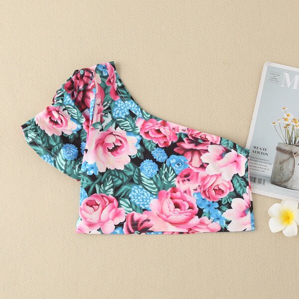 

Toddler Girls Floral Ruched Sleeve One Shoulder Top, Multicolor