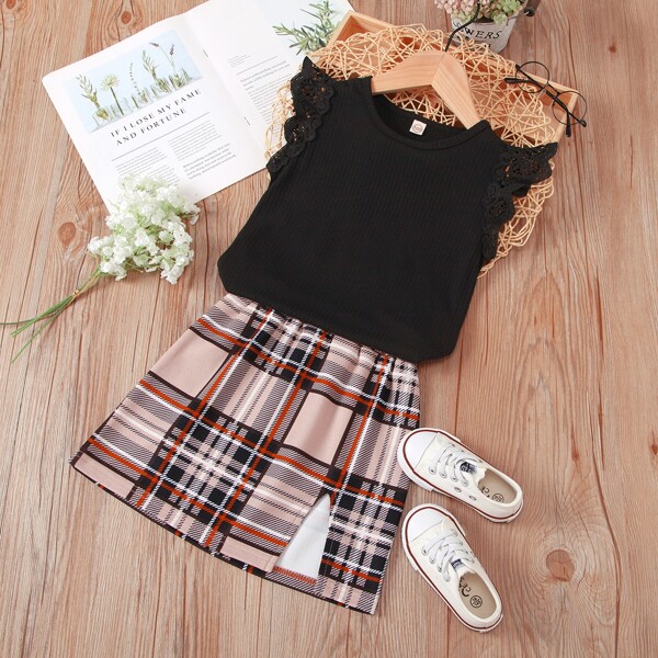 

Toddler Girls Lace Panel Tee & Plaid Split Skirt, Multicolor