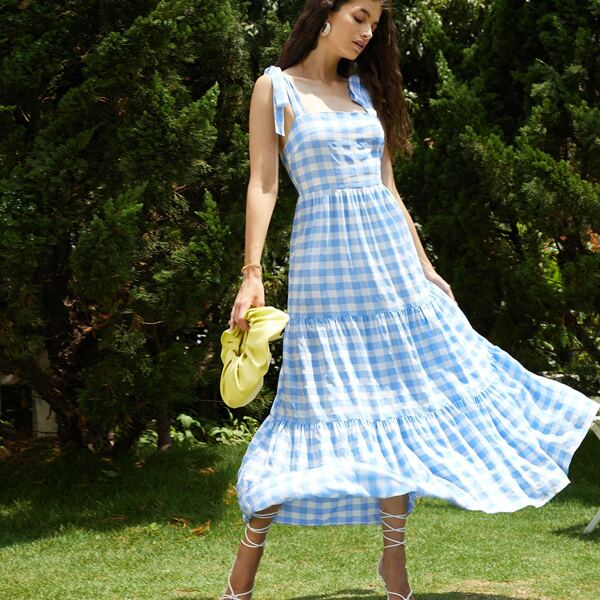 

Tie Shoulder Buffalo Plaid Cami Dress, Blue and white