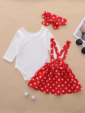 تنورة بحمالات بنقاط بولكا مع بدسويت متقاطع خلفي مع عصابة رأس للبنات الرضع