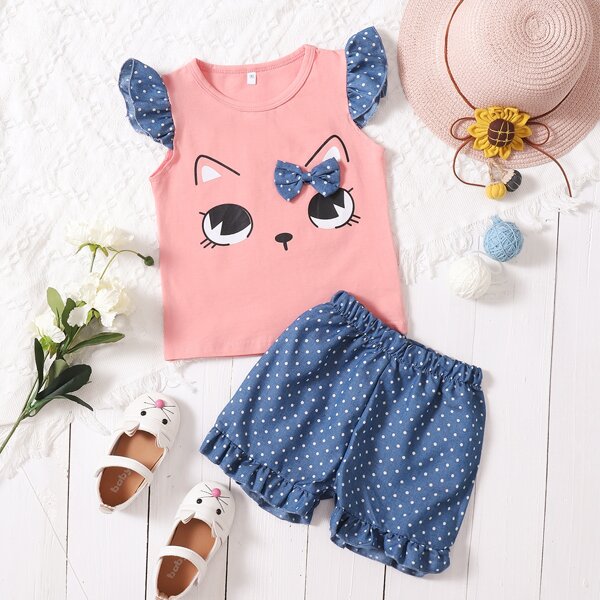 

Toddler Girls Cartoon Graphic Bow Front Tee With Polka Dot Shorts, Multicolor