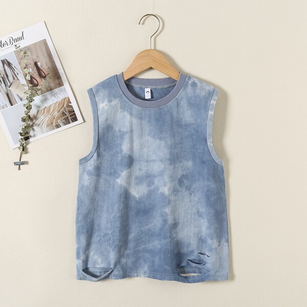 

Boys Tie Dye Ripped Tank Top, Dusty blue